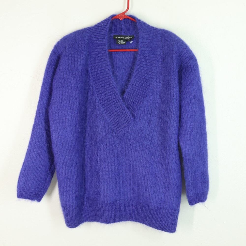 Vtg Andrea Jovine Mohair Wool Sweater Purple Pullover Vneck Long Sleeve Chunky